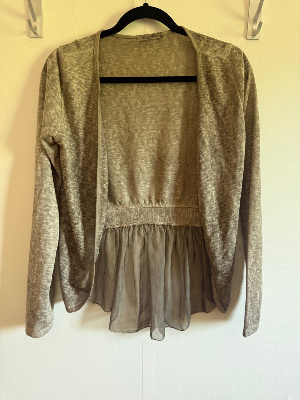 Elena Baldi Made in Italy Taupe Ruffle Hem Open Front Cardigan Medium